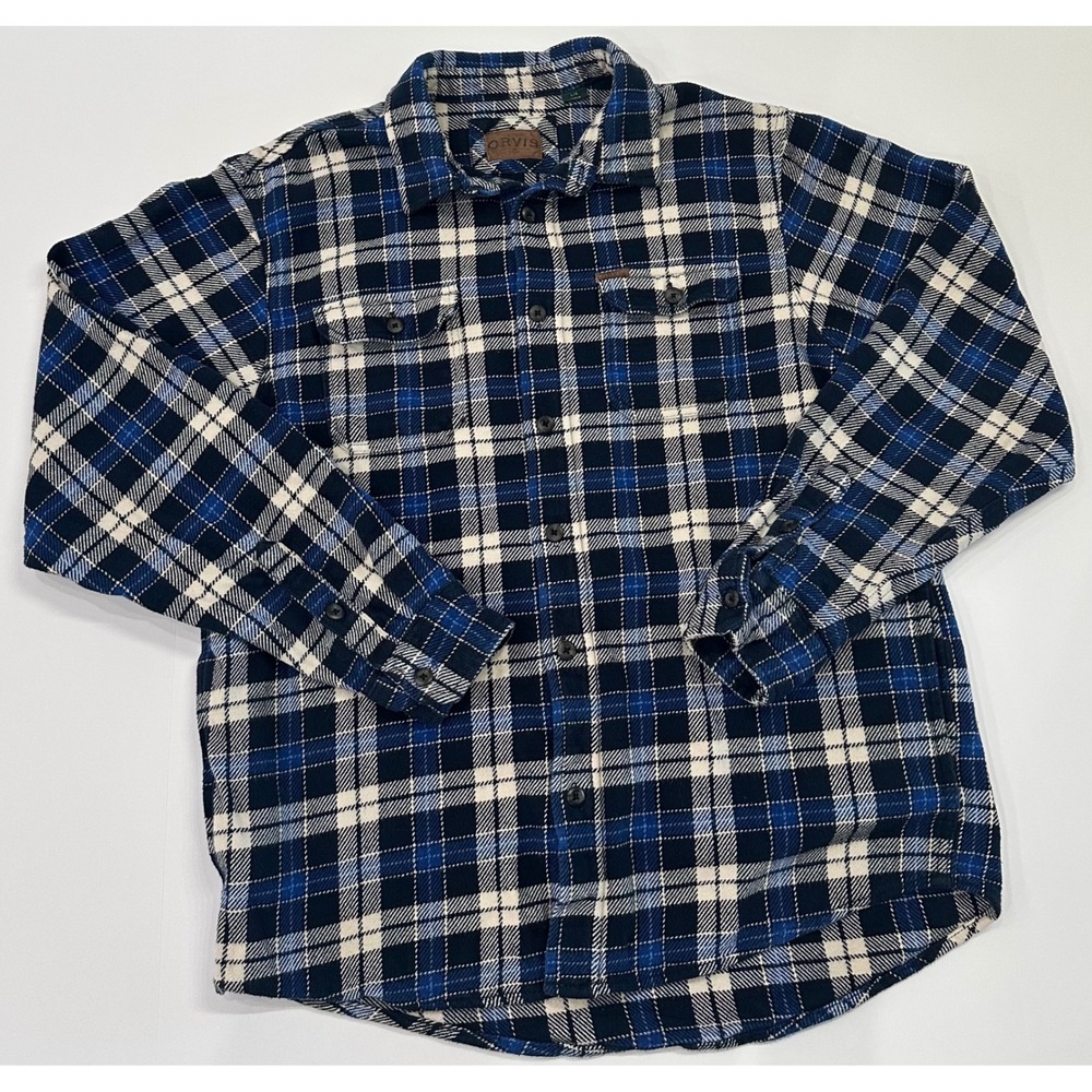 Orvis Mens Blue White Plaid Flannel Shirt Heavy Cotton Side Pockets Large